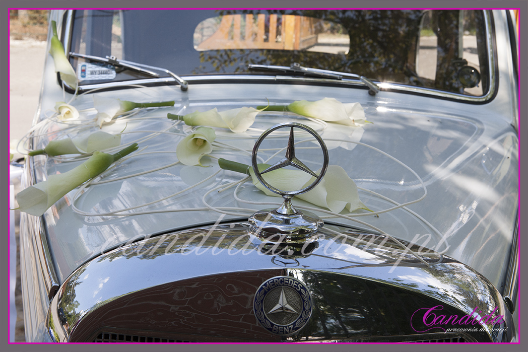 dekoracja ślubna samochodu, zabytkowy mercedes przyozdobiony do ślubu